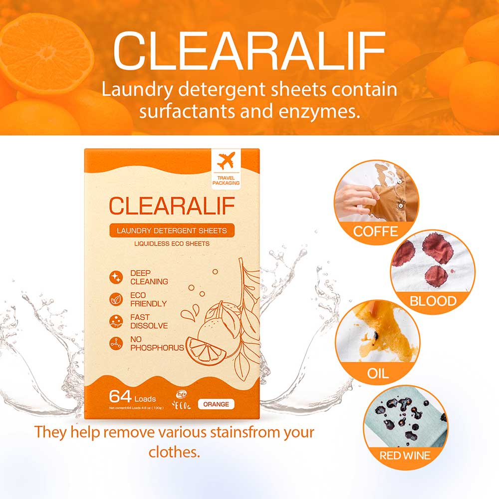 CLEARALIF Hojas de detergente para ropa 64 cargas, naranja