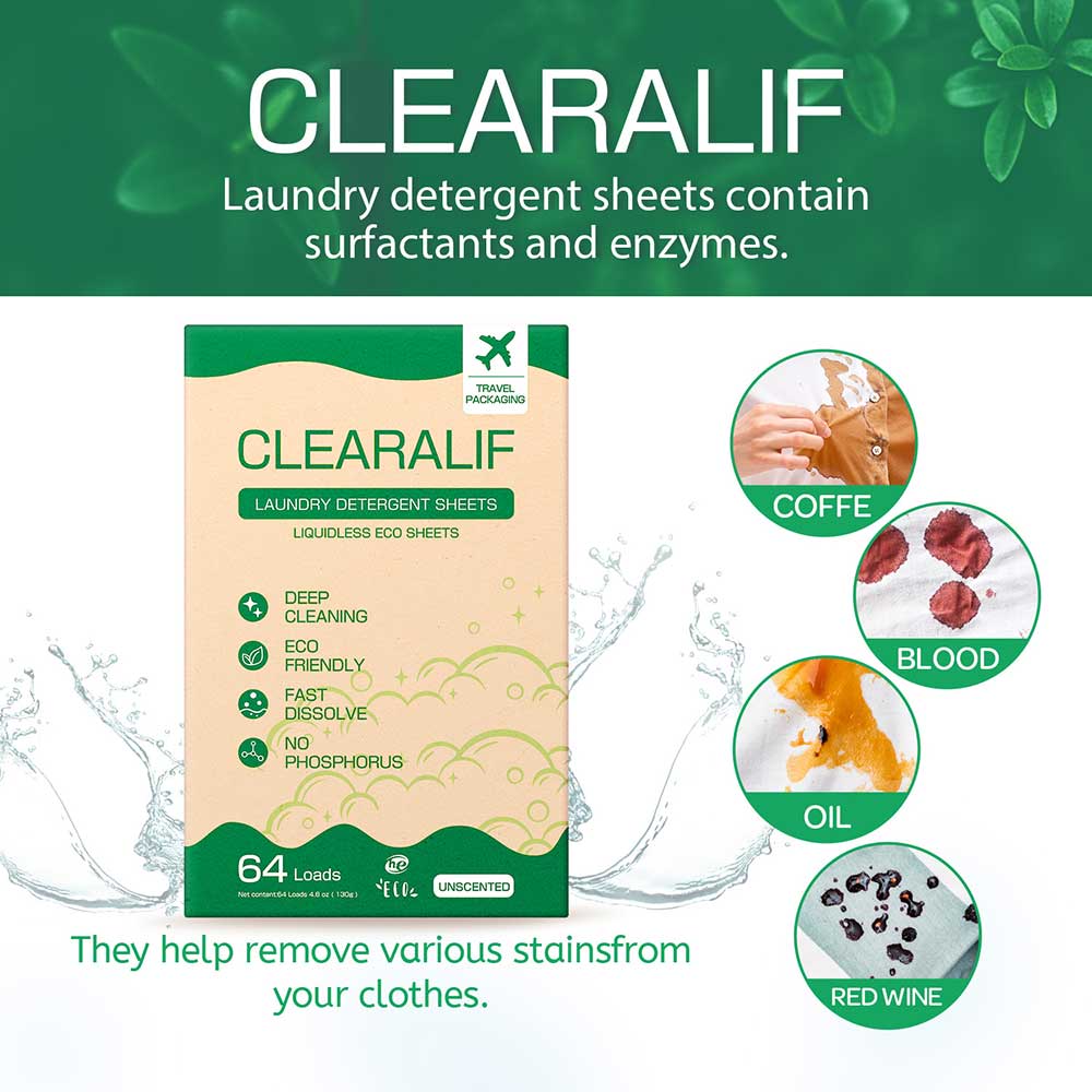 CLEARALIF Hojas de detergente para ropa 64 cargas, sin perfume