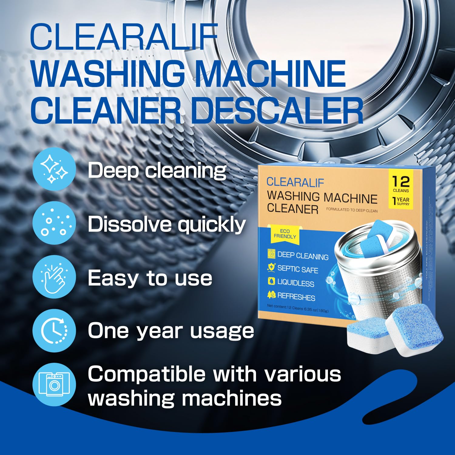 CLEARALIF Washing Machine Cleaner Tablets For HE Front Loader & Top Load Washer