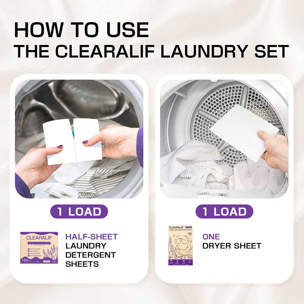 CLEARALIF Kit de hojas de detergente para ropa todo en uno, aroma a lavanda, 160 cargas de hojas de lavandería + 160 hojas de secado